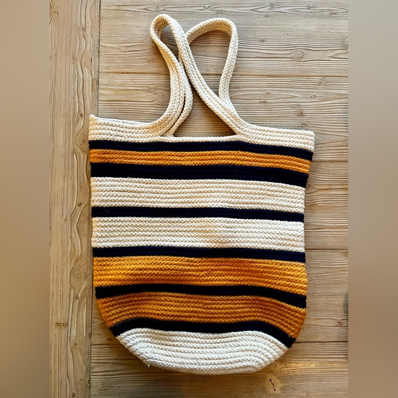 Crosstree Lane Handbags - Crosstree Lane 100% Cotton Striped Braided Tote | New | Mustard Navy Cream